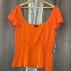 Orange Flutter Sleeve Peplum Blouse; Size: 14